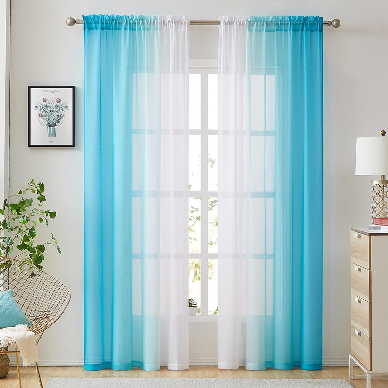July Joy Ombre Faux Linen Sheer Curtains for Bedroom Living Room Rod Pocket , Privacy and Light Filtering, 2 Tone Reversible Gradient Voile Semi Window Curtains, Set of 2 Panels, Blue, 54 x 96 Inch Length - Image 1